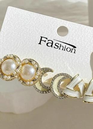 Набір сережок золотисті сережки з перлинами пусети сережки з перлинами сережки з кристалами3 фото