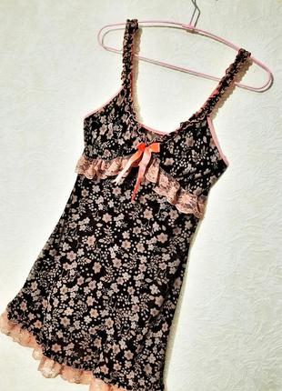 Ночная рубашка женская ночнушка на бретелях с кружевом цветная сетка стрейч коричневая/бежевая