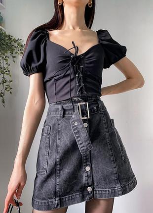 Топ корсет чёрный с шнуровкой с квадратным вырезом с объёмными рукавами трендовый майка футболка блуза