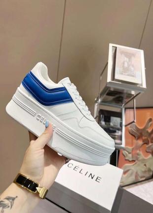 Кеды  в стилі  celine из натуральной кожи на высокой платформе белые с синим8 фото