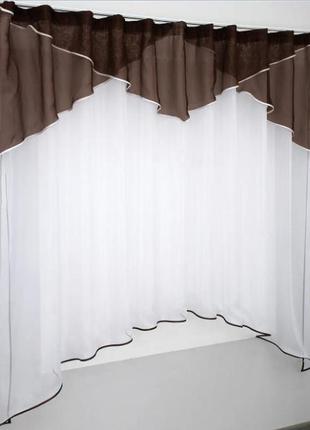 Тюль арка на кухню, балкон однотонний (270х170см) з ламбрекеном. колір білий з венге3 фото