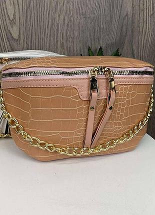 Женская сумка-слинг змеиная, бананка сумка для девушки, мини сумочка на грудь под рептилию темный бежевый
(1103)