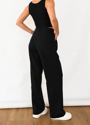 Черные прямые широкие женские штаны брюки классик деловые батал высокая талия посадка