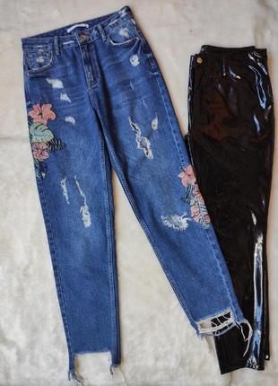 Сині щільні прямі джинси труби з квітковою вишивкою дірками бойфренд мом джинси zara1 фото