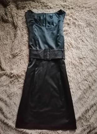 Чёрное платье миди трапеция юбка с поясом сарафан без рукавов блестящее h&m новое