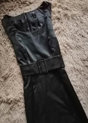 Чёрное платье миди трапеция юбка с поясом сарафан без рукавов блестящее h&m новое5 фото
