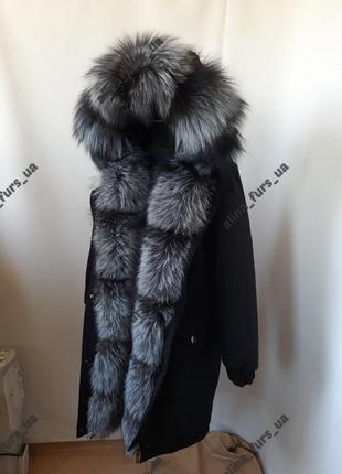 Женское длинное пальто с мехом чернобурки, парка черная с натуральным мехом чернобурки, 42-60 р.р.1 фото
