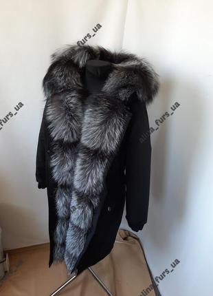 Женское длинное пальто с мехом чернобурки, парка черная с натуральным мехом чернобурки, 42-60 р.р.2 фото