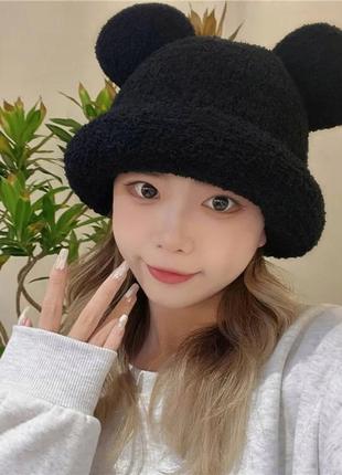 Шапка мікі маус з вушками та закотом (мінні маус, мишеня, ведмедик, тідді) молочна, унісекс wuke9 фото