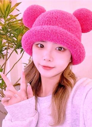 Шапка мікі маус з вушками та закотом (мінні маус, мишеня, ведмедик, тідді) молочна, унісекс wuke8 фото