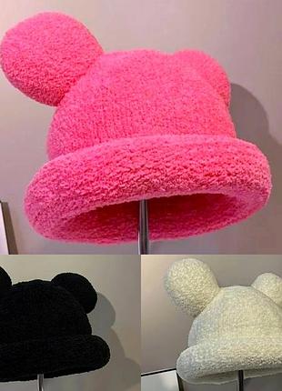 Шапка мікі маус з вушками та закотом (мінні маус, мишеня, ведмедик, тідді) молочна, унісекс wuke2 фото