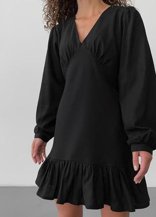 Сукня лляна міні з довгим рукавом чорна3 фото