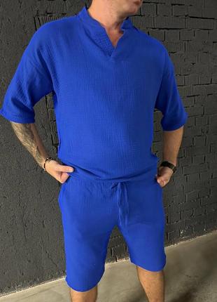 Стильный мужской летний костюм муслин деловой комплект рубашка с короткими рукавами и шорты качественный дышащий легкий с вырезом