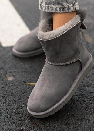 💎ugg mini bailey bow 2 boot grey💎серые женские зимние кожаные уги/угги с бантом5 фото