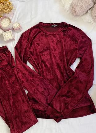 Жіноча велюрова піжама штани та кофта (бордо)