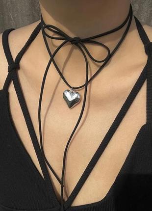 Шнурок чокер подвеска сердце стиль цветет терен, кулон на кожаном шнурке тренд