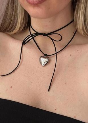 Шнурок чокер подвеска сердце стиль цветет терен, кулон на кожаном шнурке тренд