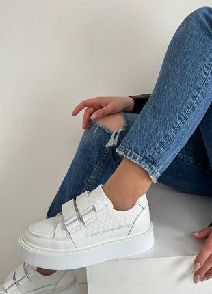 Стильні білі кросівки жіночі,на липучках,весна-осінь,на платформі,шкіряні/шкіра-жіноче взуття