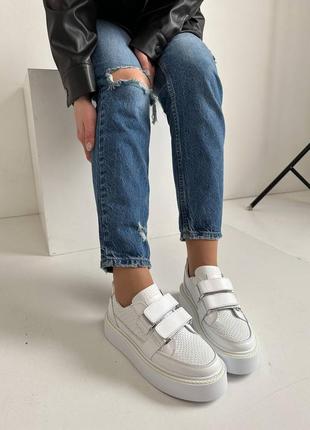 Стильні білі кросівки жіночі,на липучках,весна-осінь,на платформі,шкіряні/шкіра-жіноче взуття