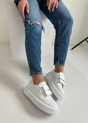 Стильні білі кросівки жіночі,на липучках,весна-осінь,на платформі,шкіряні/шкіра-жіноче взуття