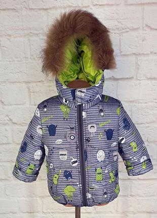 Детская зимняя теплая куртка на синтепоне и флисе для мальчика 86-124 см монстры