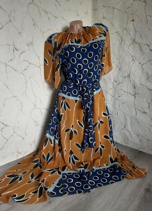Платье миди шифоновое синее/горчичное 42  р4 фото