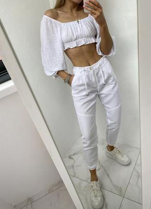 Білі лляні бавовняні штани джогери штани з льону бавовняні льон1 фото