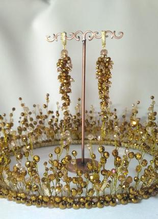 Набор украшений на выпускной золотая корона и сережки8 фото