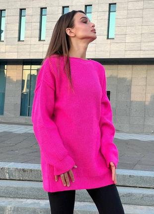 Шикарный удлиненный свитер туника вязаный свободный оверсайз розовый малиновый зелёный черный молочный белый бежевый кофта7 фото