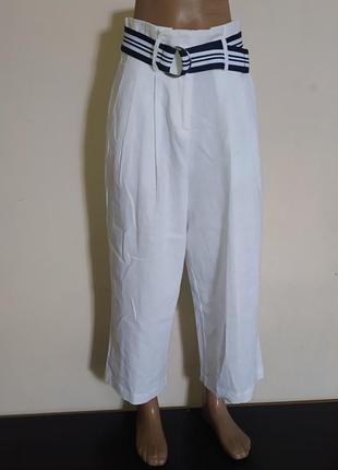 Белые легкие льняные брюки кюлоты с высокой талией ovs7 фото