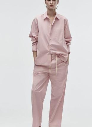Zara хлопковый костюм, рубашка и брюки со шнурками, рубашка и брюки в пижамном стиле3 фото