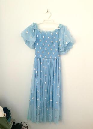 Голубое фатиновое платье с цветочками2 фото