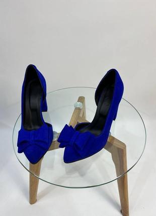Сині електрик замшеві туфлі човники з бантиком га стійкому каблуку2 фото