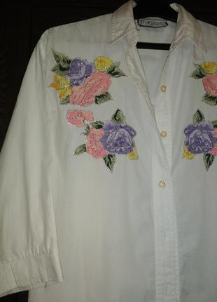 Отличная винтажная рубашка,белая, аппликация,цветы,хлопок2 фото