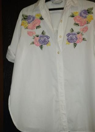 Отличная винтажная рубашка,белая, аппликация,цветы,хлопок4 фото