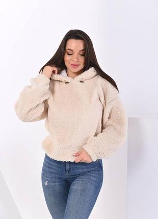 Шикарная кофта худи с капюшоном из искуственного эко меха тедди молочная бежевая серая синяя пудровая розовая свитер свитшот кардиган оверсайз