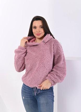 Шикарная кофта худи с капюшоном из искуственного эко меха тедди молочная бежевая серая синяя пудровая розовая свитер свитшот кардиган оверсайз