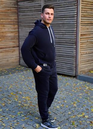 Шикарный теплый мужской спортивный костюм на флисе осенний весенний зимний синий черный коричневый брюки штаны кофта на молнии худи свитер кардиган