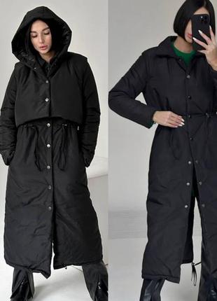 Тренч плащ двойка зимний теплый с жилетом черный бежевый длинный стильный пальто курточка парка пуховик кардиган1 фото