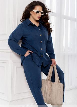 Костюм-двійка жіночий брючний замшевий, сорочка, штани, батал великі розміри, джинс синій3 фото