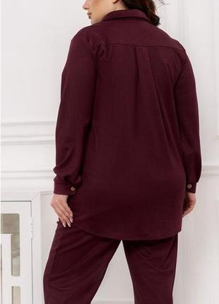 Костюм-двійка жіночий брючний замшевий, сорочка, штани, батал великі розміри, бордовий4 фото