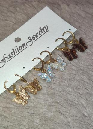 Набор серёжек (3 пары) с бабочками, серьги кольца, украшение, подарок, сережки, золото2 фото