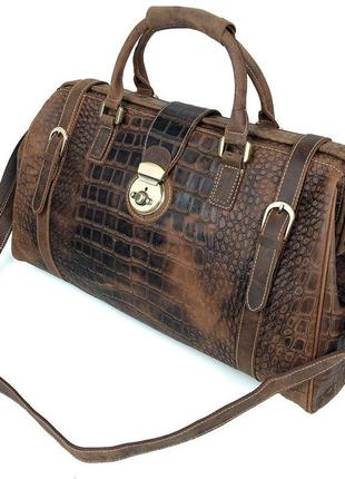Дорожная сумка саквояж для спортзала кожа под крокодила коричневая стильная модная