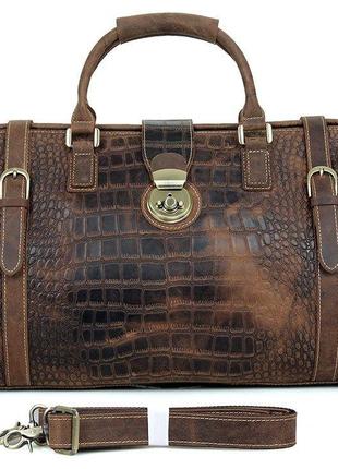 Дорожная сумка саквояж для спортзала кожа под крокодила коричневая стильная модная2 фото