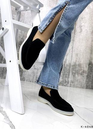 Натуральные замшевые черные туфли - лоферы5 фото
