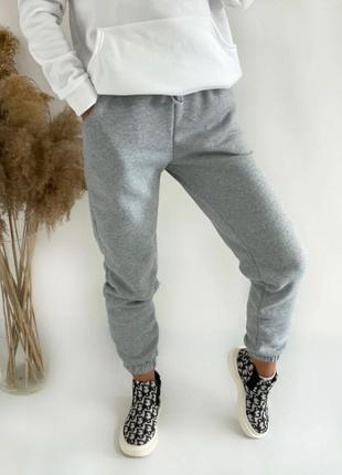 Штани спортивні жіночі джогери однотонні теплі на флісі на високій посадці з кишенями якісні стильні туреччина сірі мокко2 фото