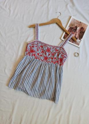 Хлопковый ярусный полосатый топ с вышивкой