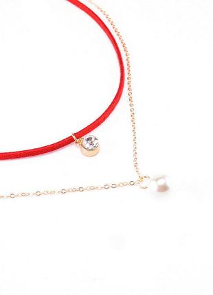 Красный чокер с хрусталиком и подвеской в виде жемчужины на цепочке, бархотка на шею