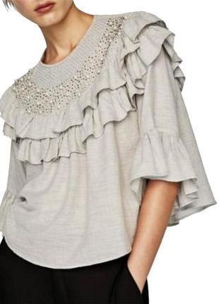 Сріблясто-сіра блуза топ з оборками від zara