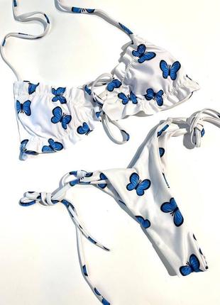 Купальник бикини на завязках женский раздельный белый в бабочках4 фото